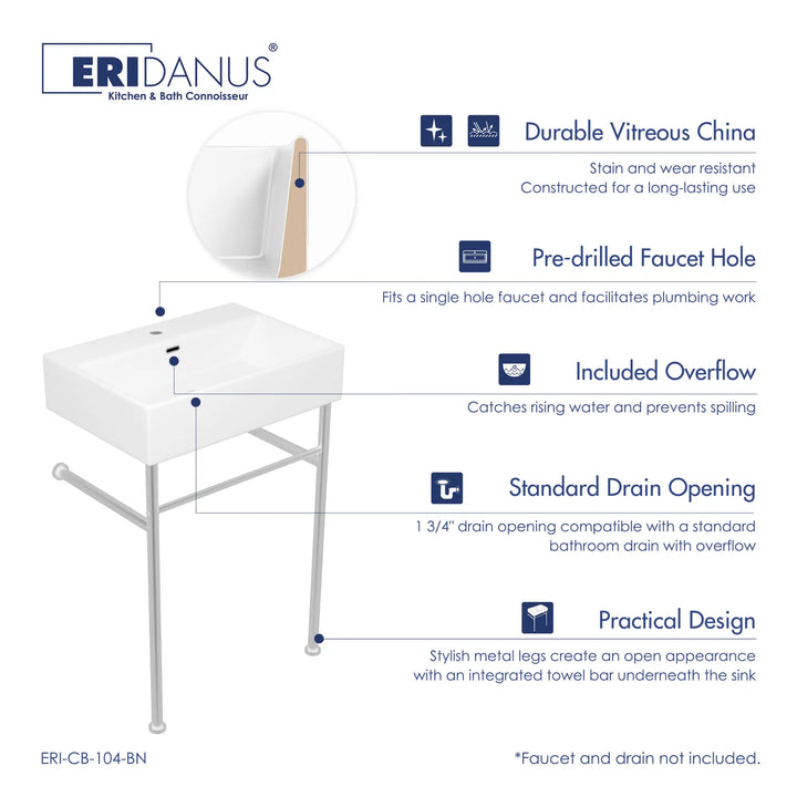 White vitreous china sink with metal legs and overflow drain