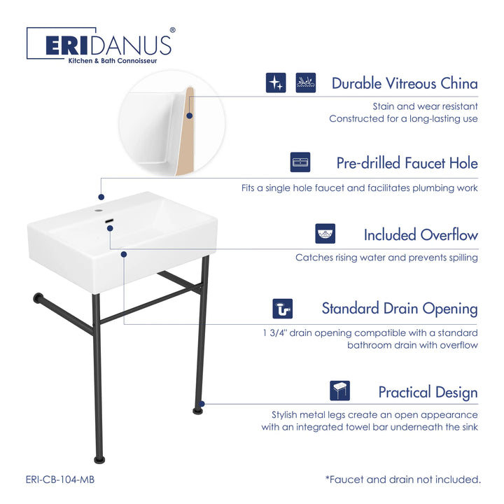 Turner 24" Rectangular Console Vitreous China Bathroom Sink in White with Matte Black Base