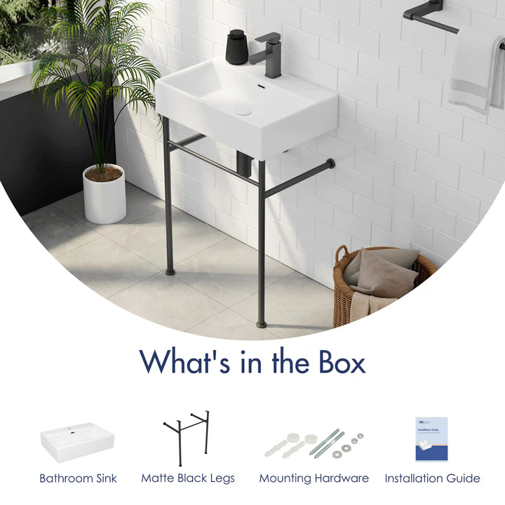 Turner 24" Rectangular Console Vitreous China Bathroom Sink in White with Matte Black Base