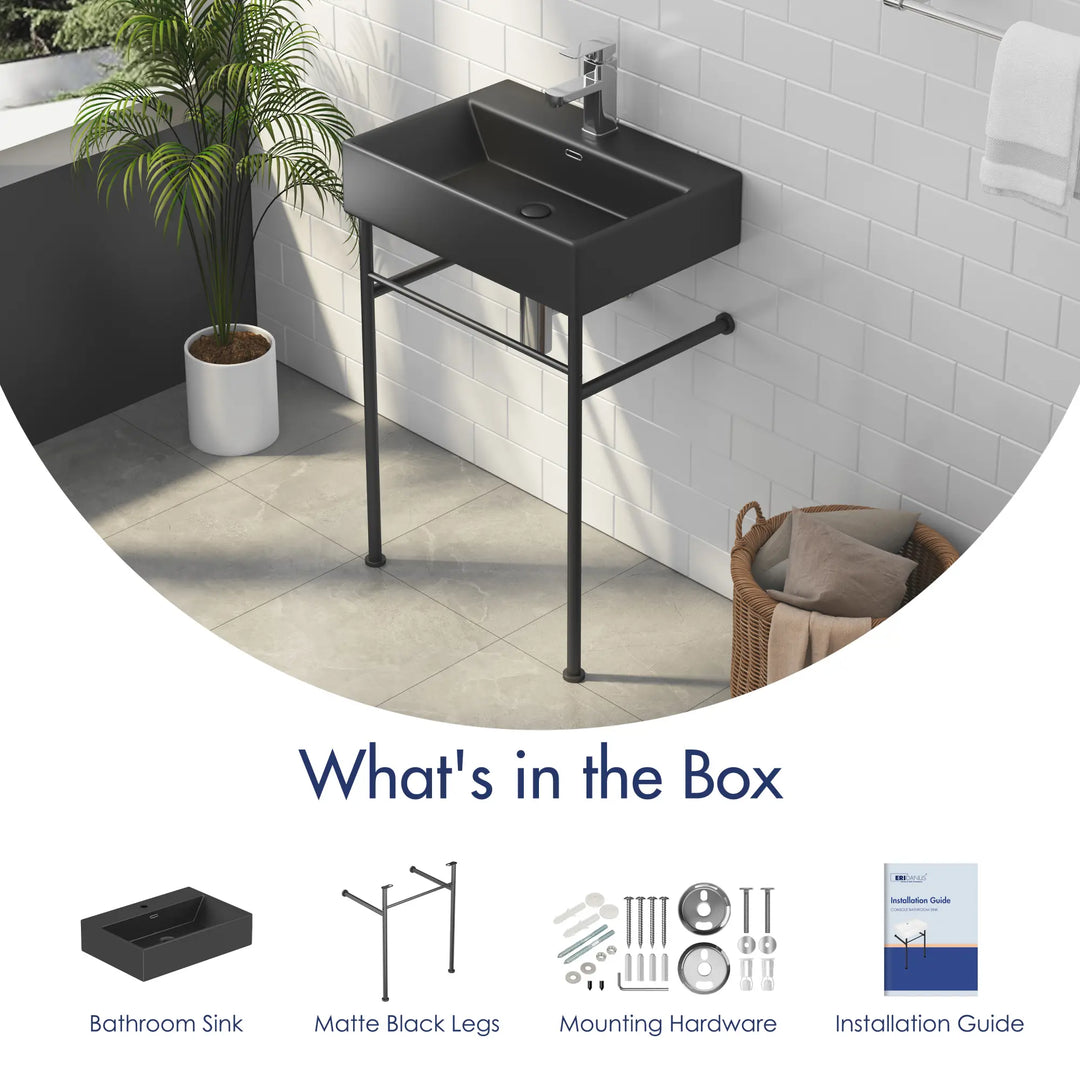 Matte black rectangular sink with legs and hardware