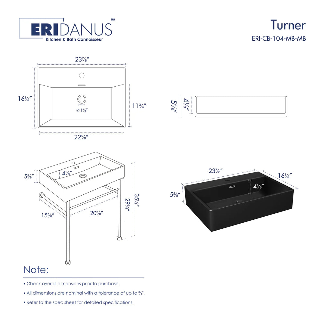 24-inch matte black rectangular console sink dimension chart