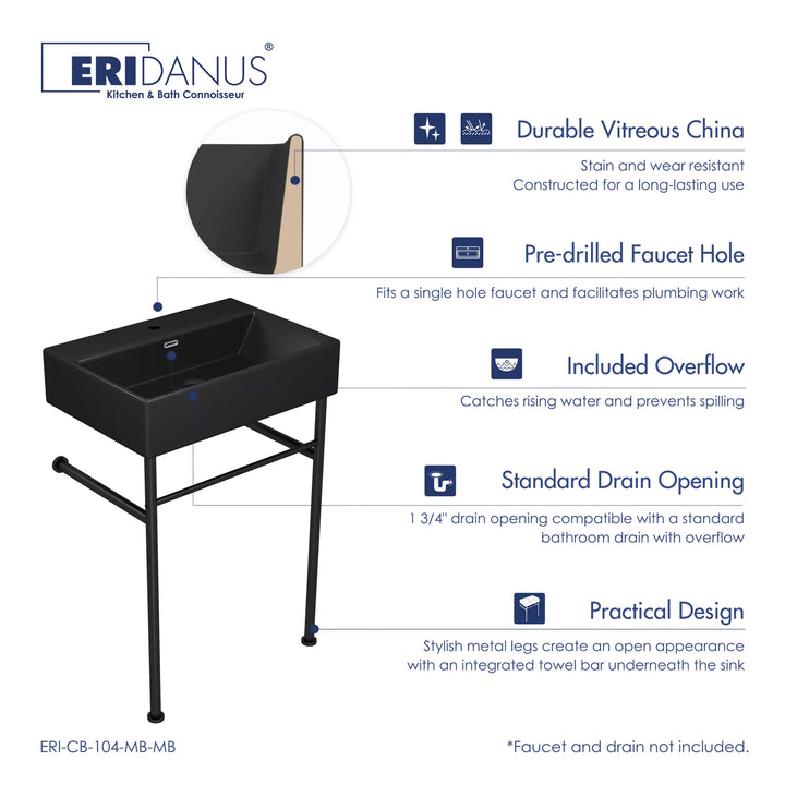 Matte black vitreous china console sink with overflow