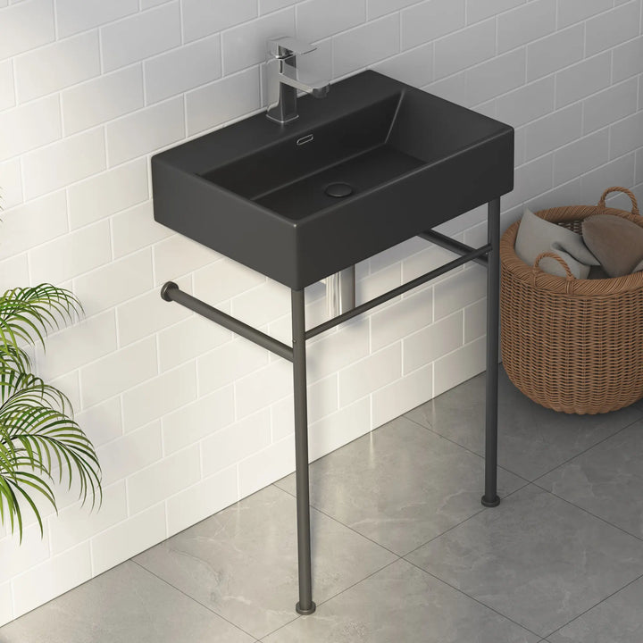 Matte black rectangular ceramic console sink with stand