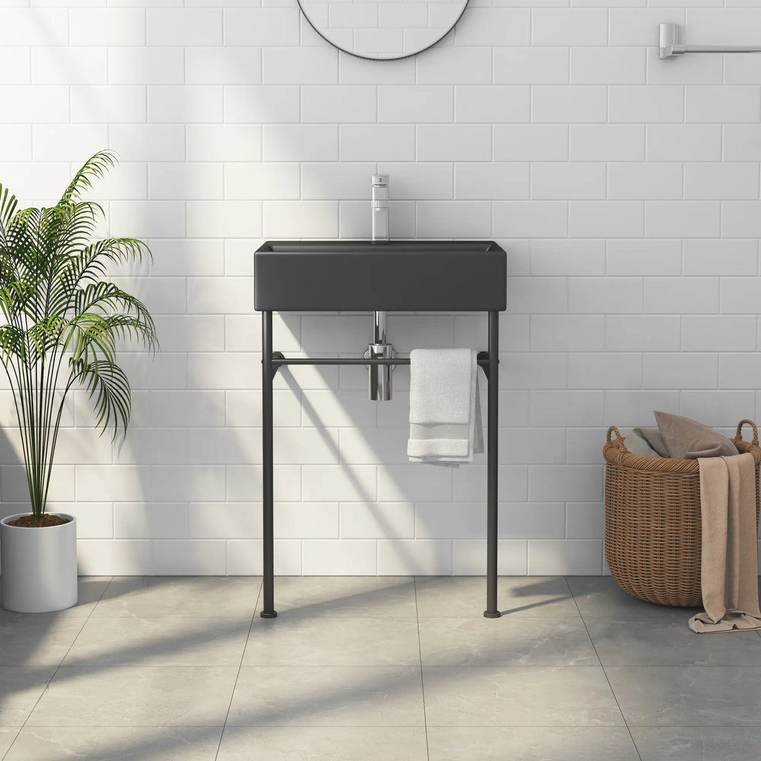 Matte black rectangular console sink with metal stand