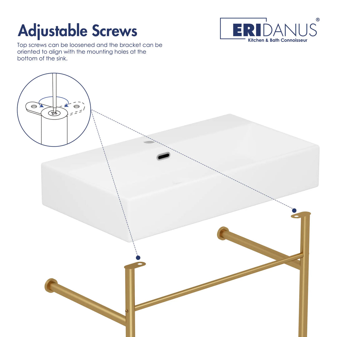 Eridanus white sink and gold stand with adjustable mounting screws.