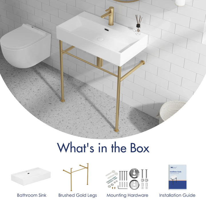 ERIDANUS white sink, brushed gold legs, and mounting hardware.