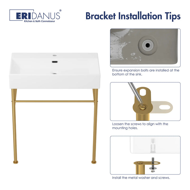 Eridanus white console sink and gold bracket installation guide.