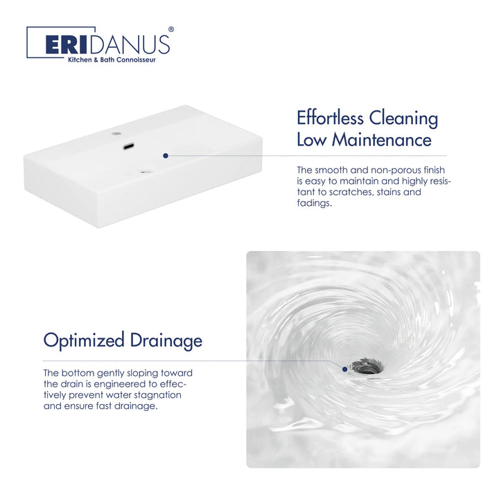 Eridanus easy-clean white sink with optimized fast drainage design.