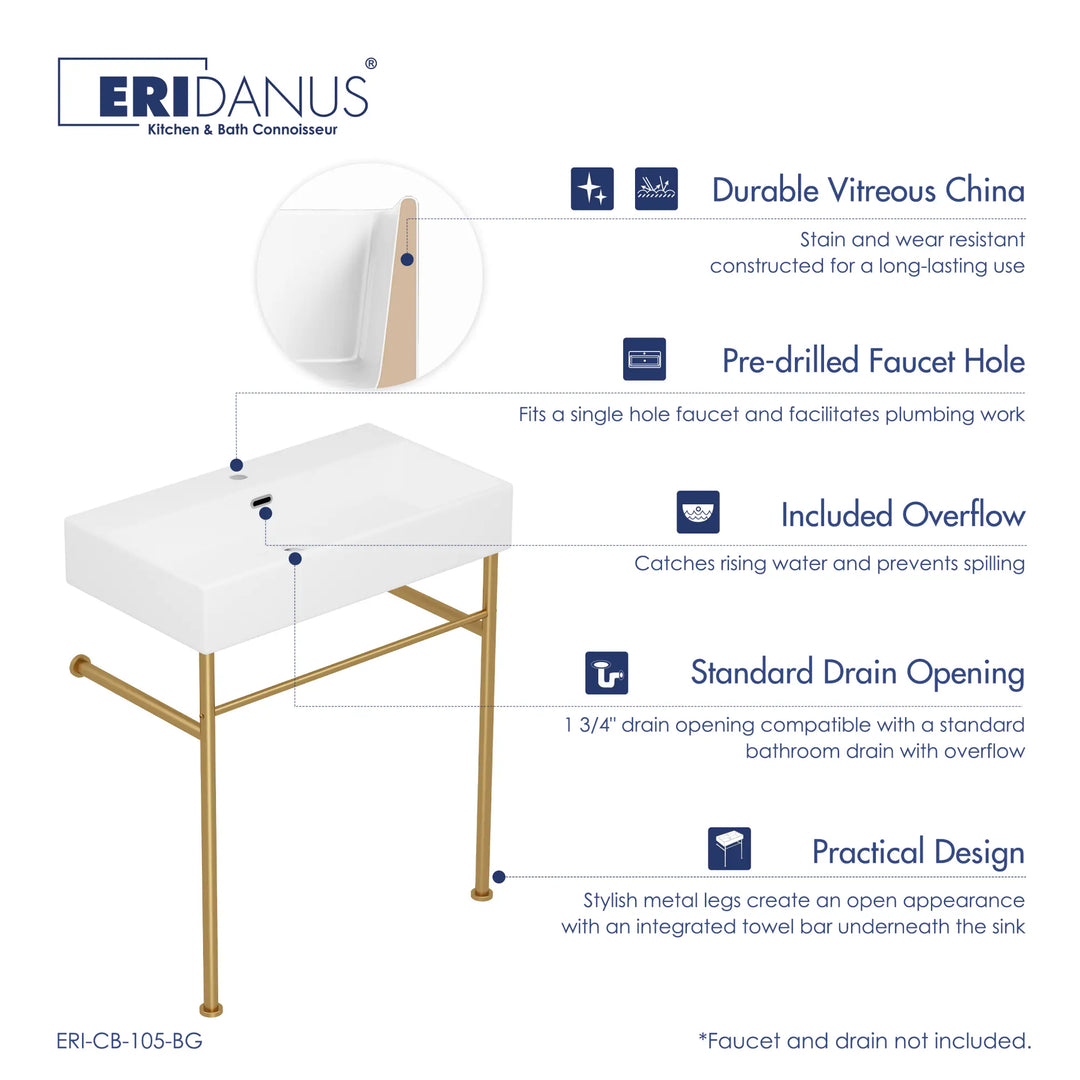 ERIDANUS white vitreous china console sink with gold legs and towel bar.
