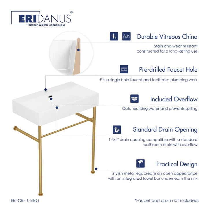 ERIDANUS white vitreous china console sink with gold legs and towel bar.