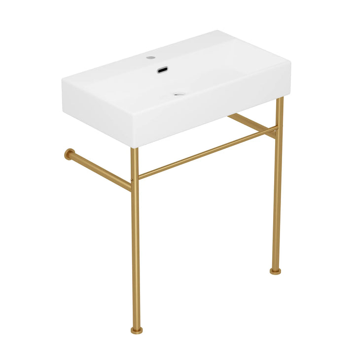 ERIDANUS white ceramic console sink with gold legs and towel bar.