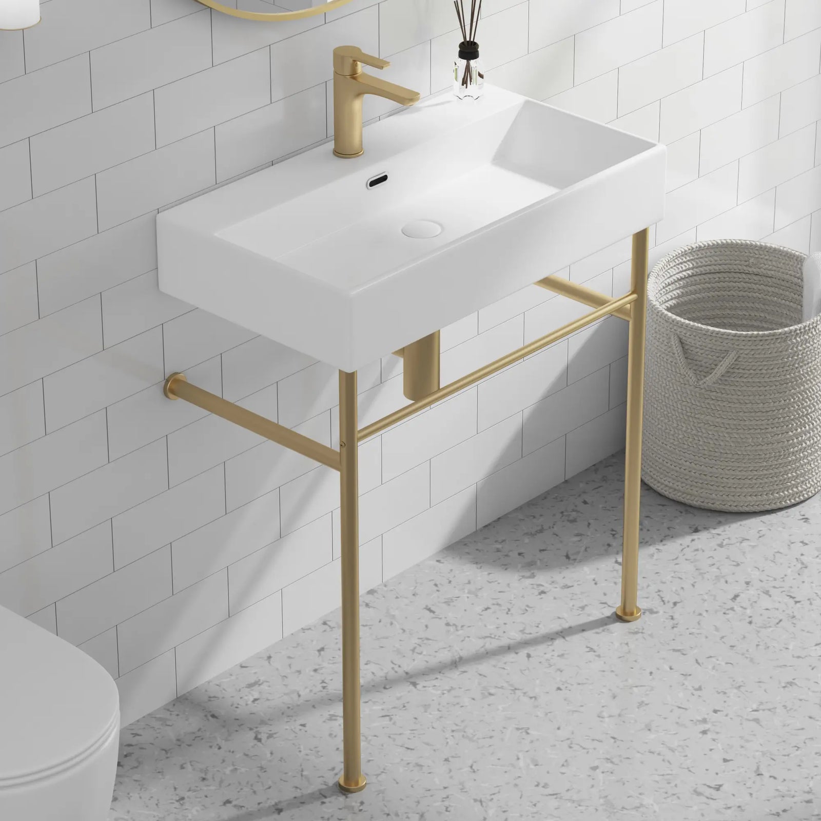 Eridanus white console sink with brass gold stand and faucet.#finish_white-brushed-gold