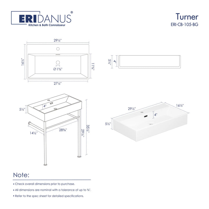Eridanus Turner console sink dimensions and metal stand specifications.