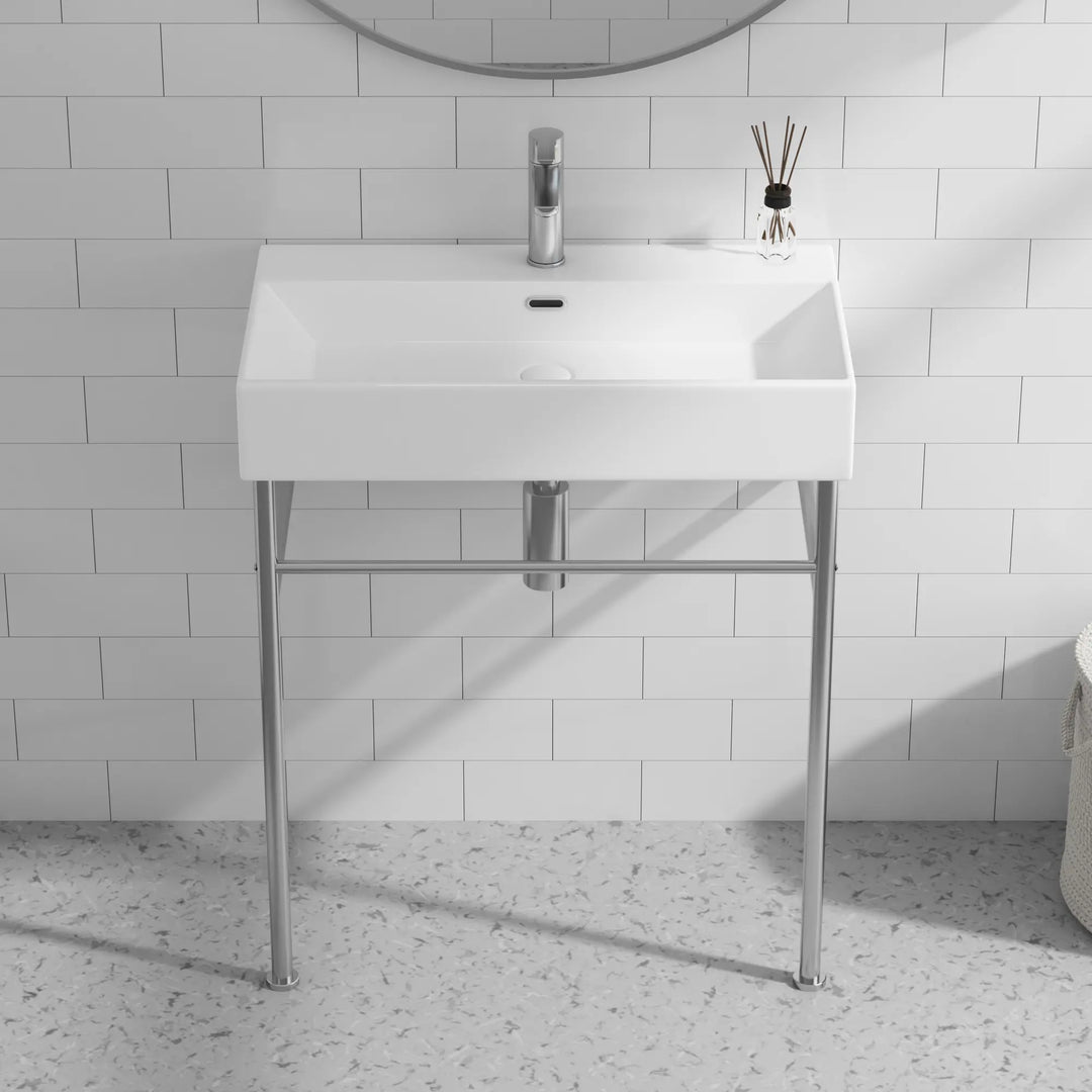 White ceramic rectangular console sink with chrome stand