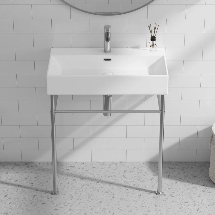 White ceramic rectangular console sink with chrome stand