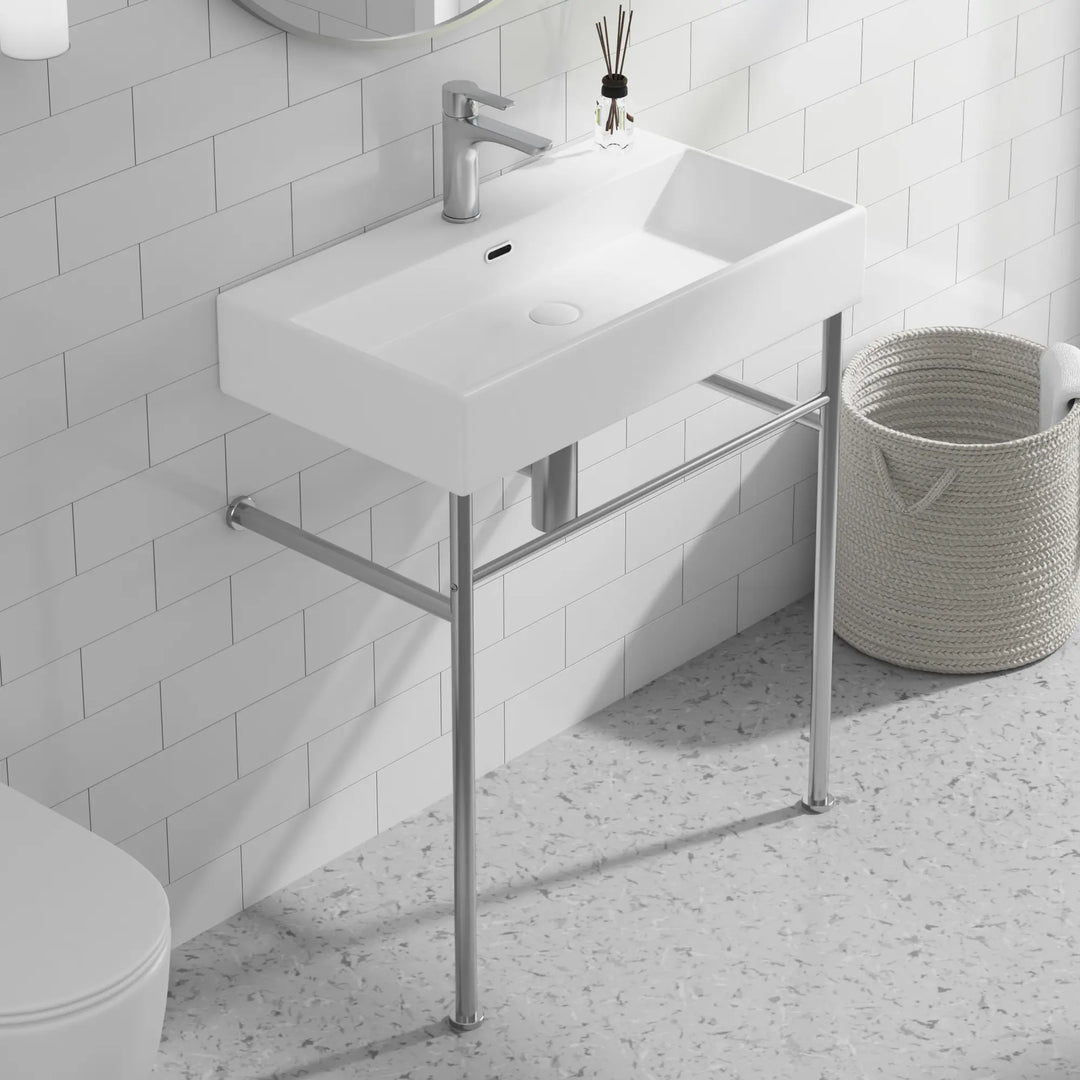 White ceramic rectangular console sink with chrome stand