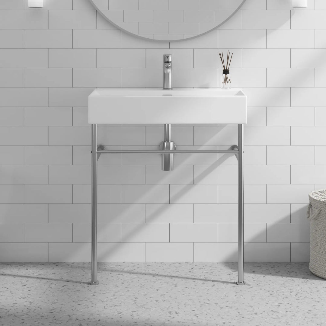 White ceramic rectangular console sink with chrome stand