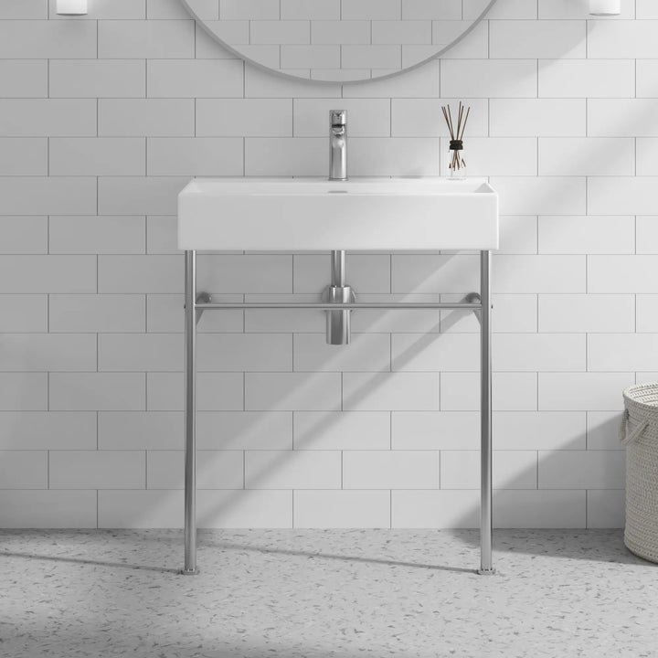 White ceramic rectangular console sink with chrome stand