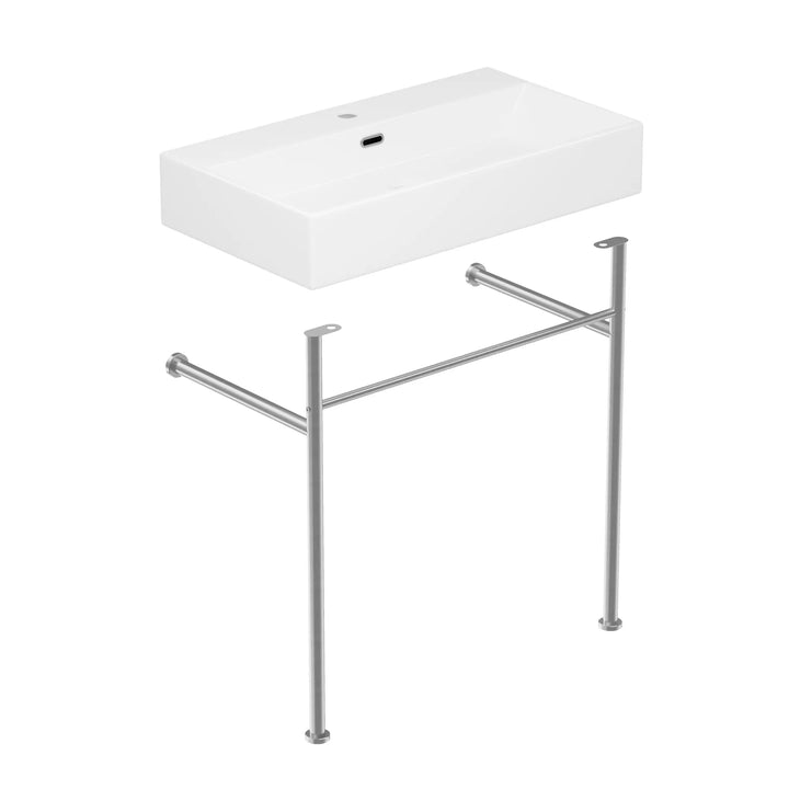 White ceramic rectangular console sink with chrome stand