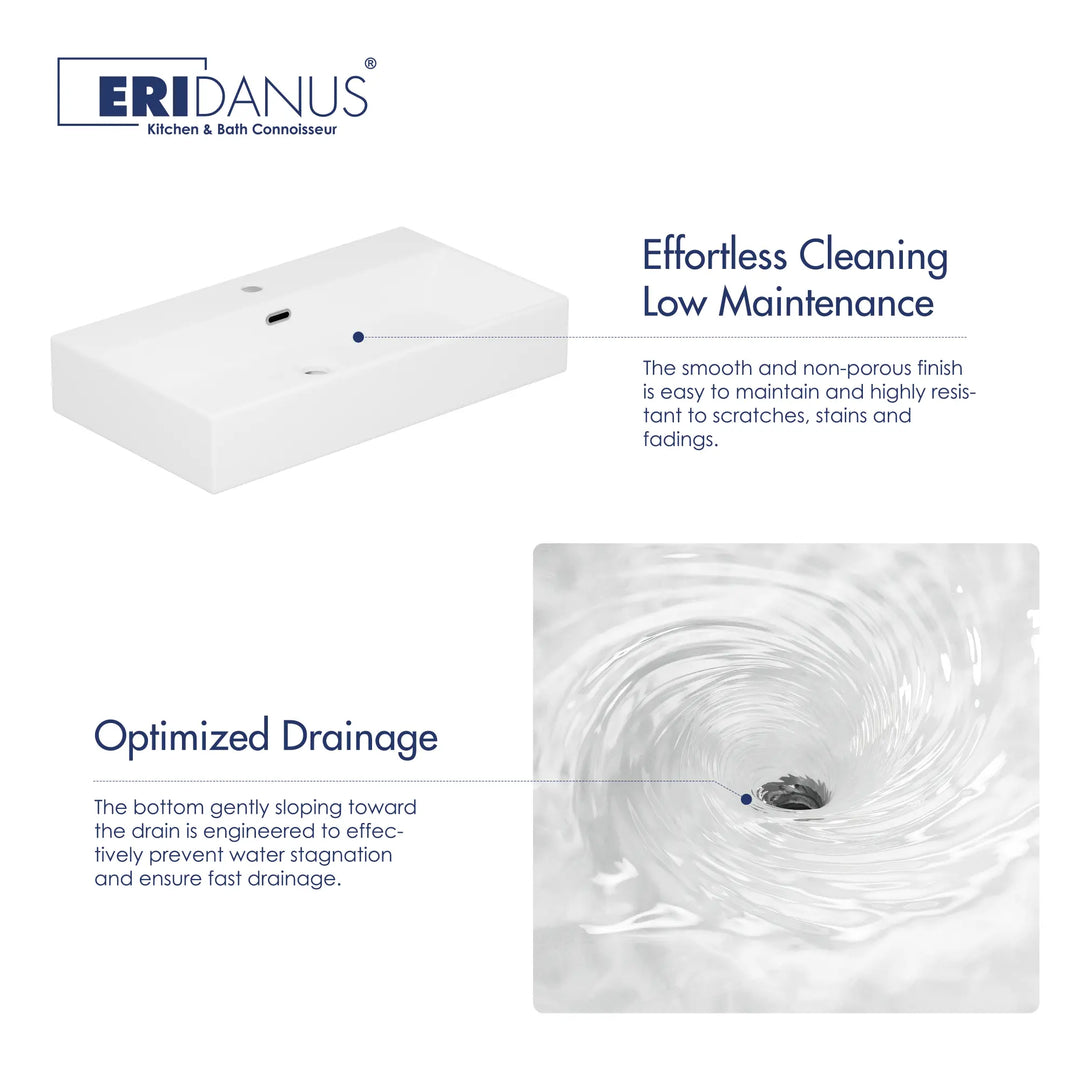 White ceramic rectangular sink with optimized drainage
