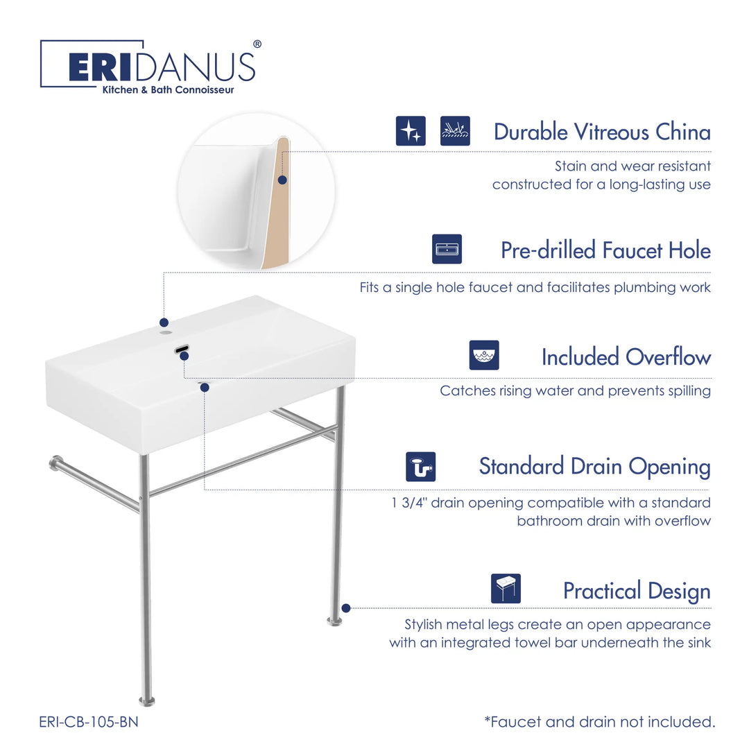 White vitreous china console sink with legs and overflow