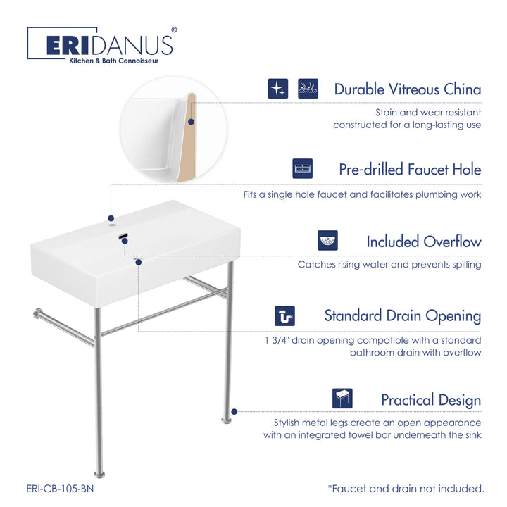 White vitreous china console sink with legs and overflow