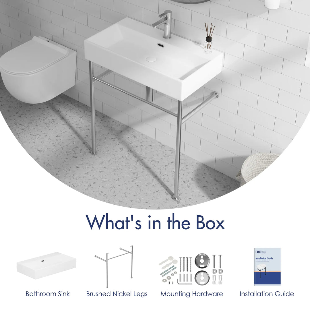 White sink, brushed nickel legs, hardware and guide