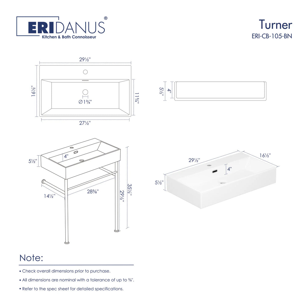 30-inch white rectangular console sink dimension chart