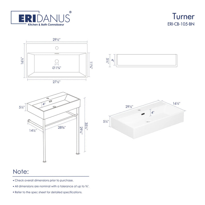 30-inch white rectangular console sink dimension chart