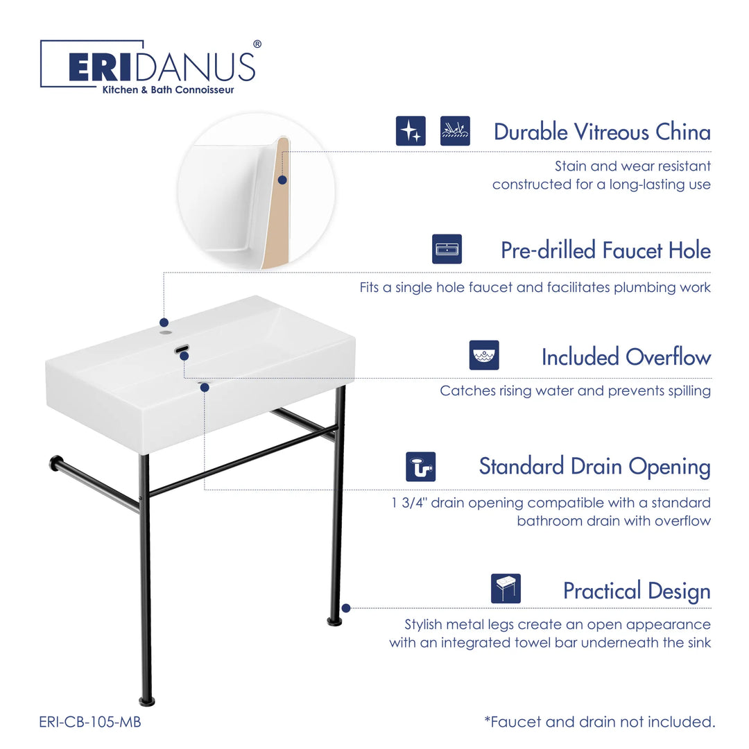 ERIDANUS white vitreous china sink with black legs and towel bar.