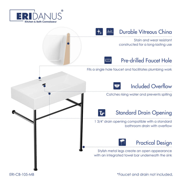 ERIDANUS white vitreous china sink with black legs and towel bar.