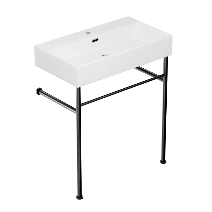 ERIDANUS white vitreous china sink with black legs and towel bar.