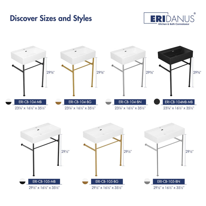 ERIDANUS console sinks in multiple sizes, black, gold, and nickel legs.