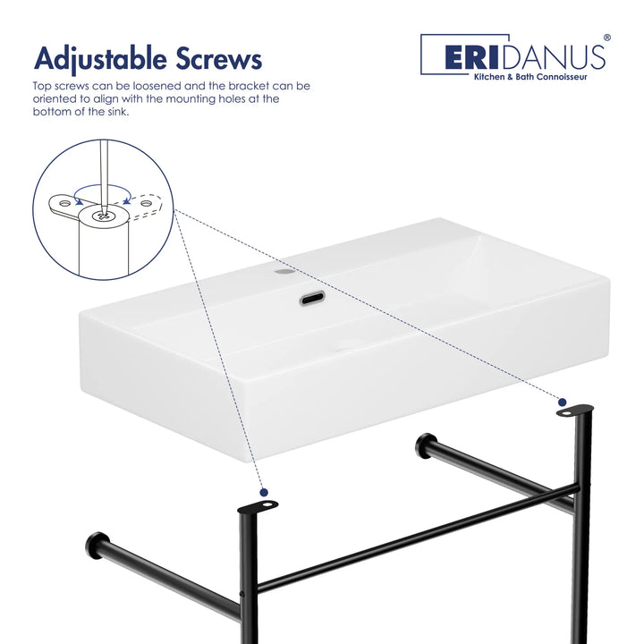 ERIDANUS ceramic sink with adjustable screws on black console legs.