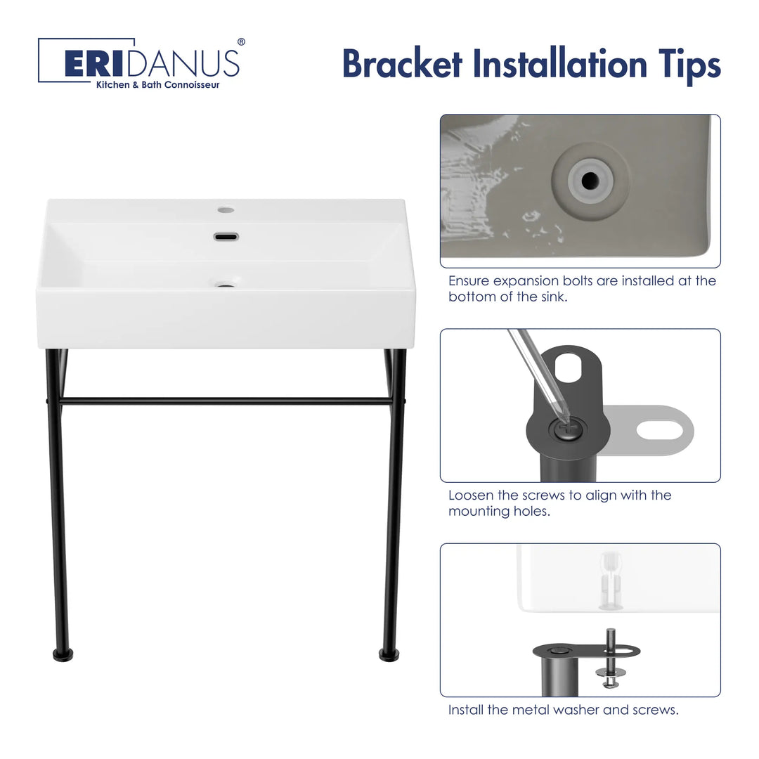 ERIDANUS sink installation tips for black legs and mounting hardware.