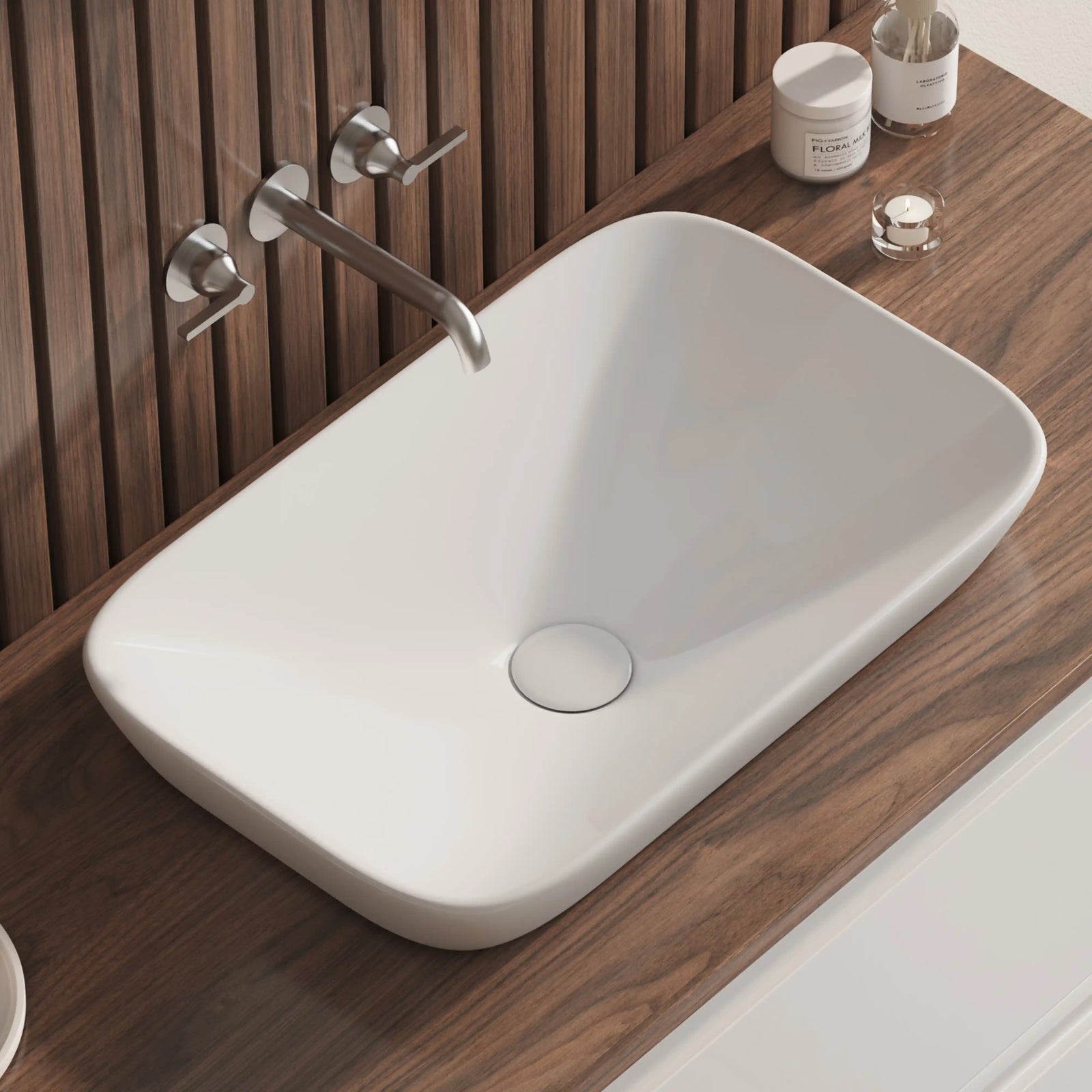 Eridanus white rounded rectangular glossy ceramic vessel sink.
