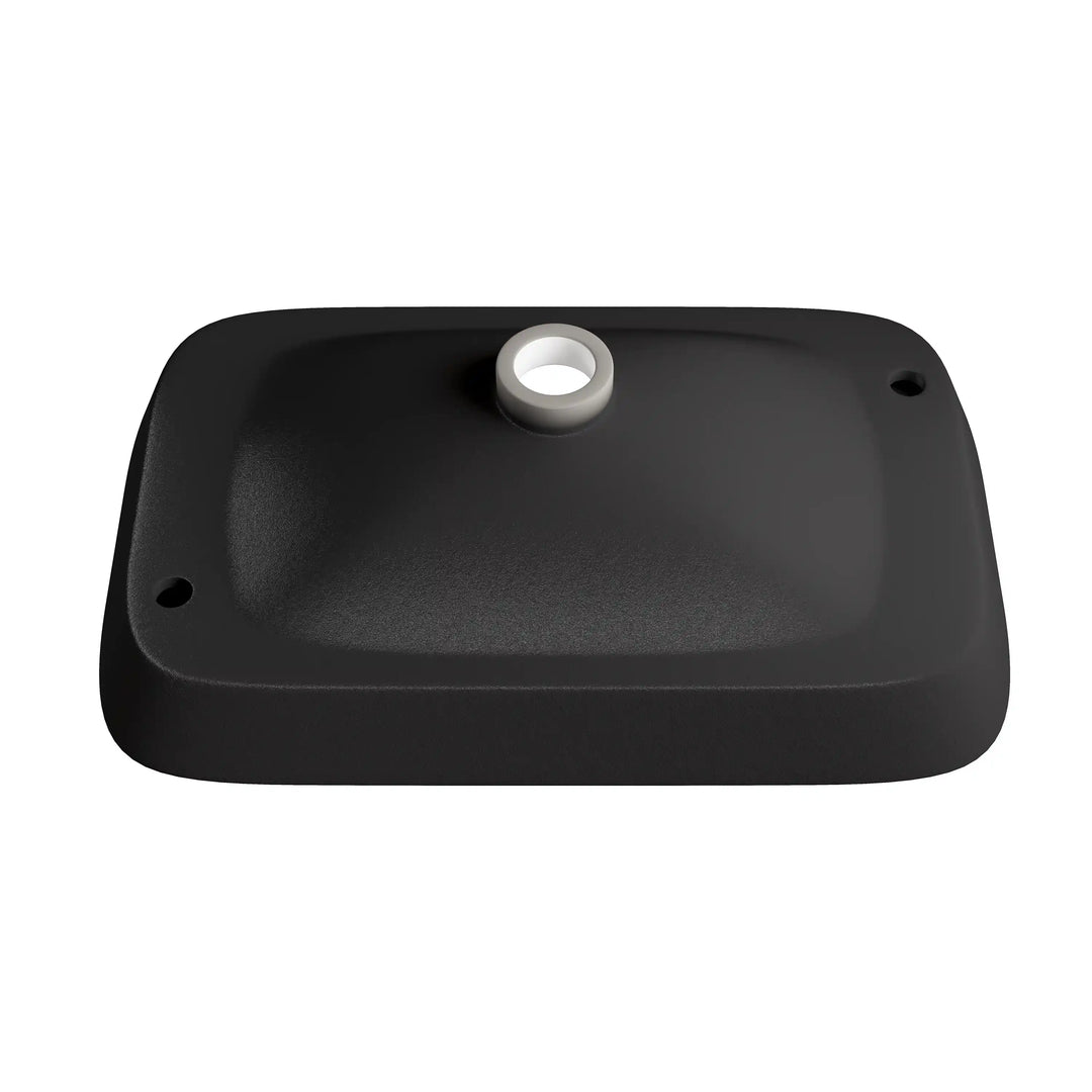 Matte black rounded rectangular sink bottom with central drain outlet