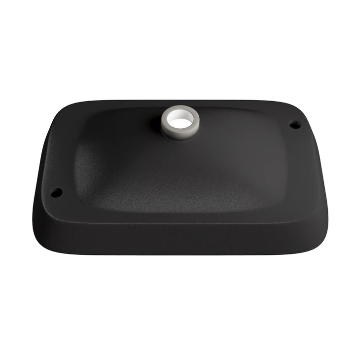 Matte black rounded rectangular sink bottom with central drain outlet