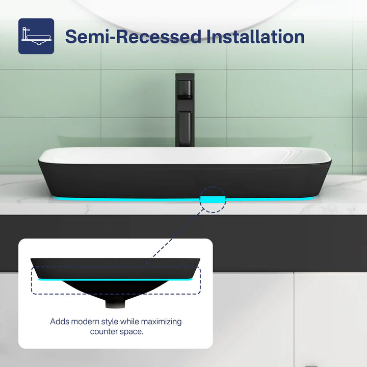 Two-tone semi-recessed ceramic sink with installation schematic diagram