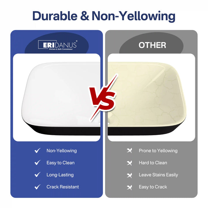 Two-tone sink comparison chart showing anti-yellowing crack-resistant advantages