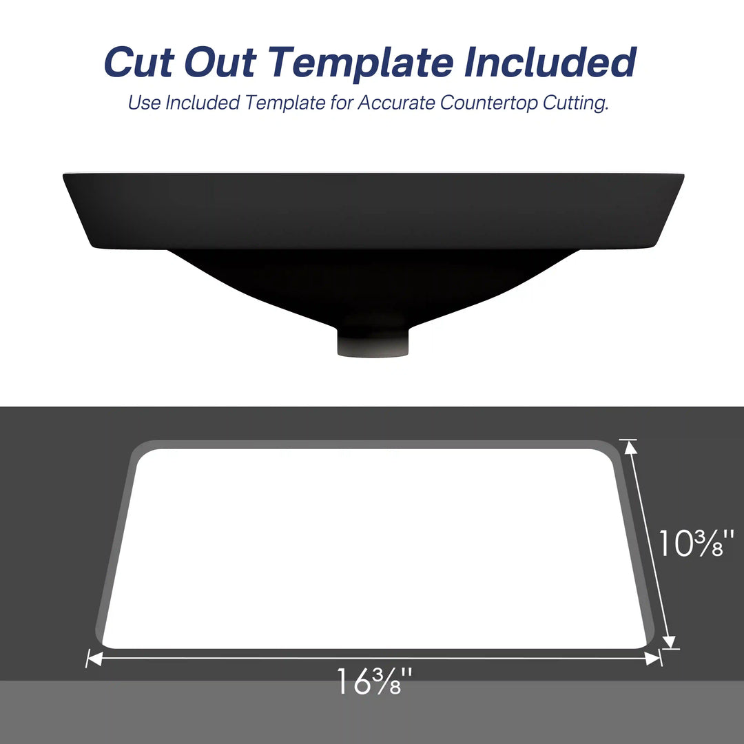 Black semi-recessed sink bottom view with countertop cutout dimension template