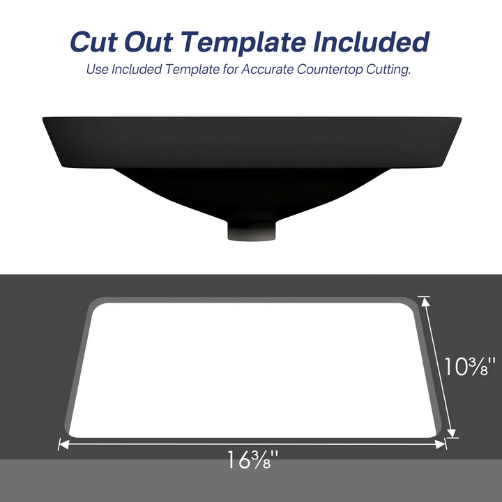 Black semi-recessed sink bottom view with countertop cutout dimension template