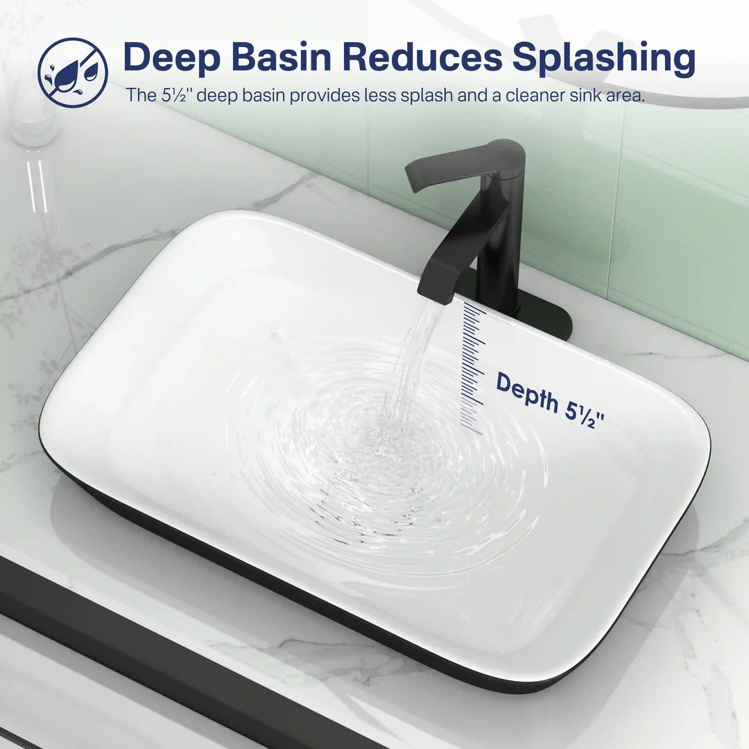 Deep two-tone ceramic vessel sink with anti-splash 5.5-inch basin
