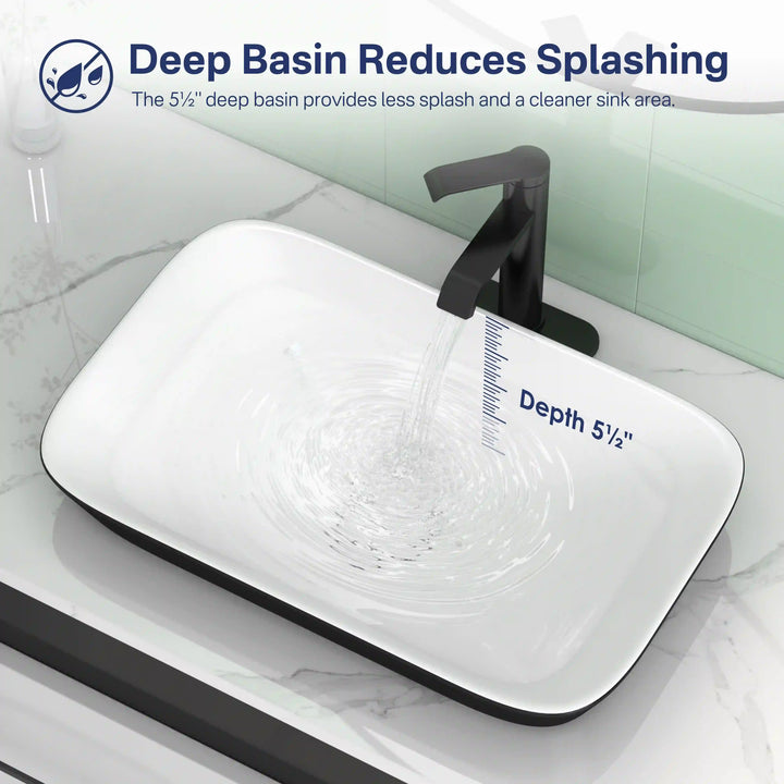 Deep two-tone ceramic vessel sink with anti-splash 5.5-inch basin