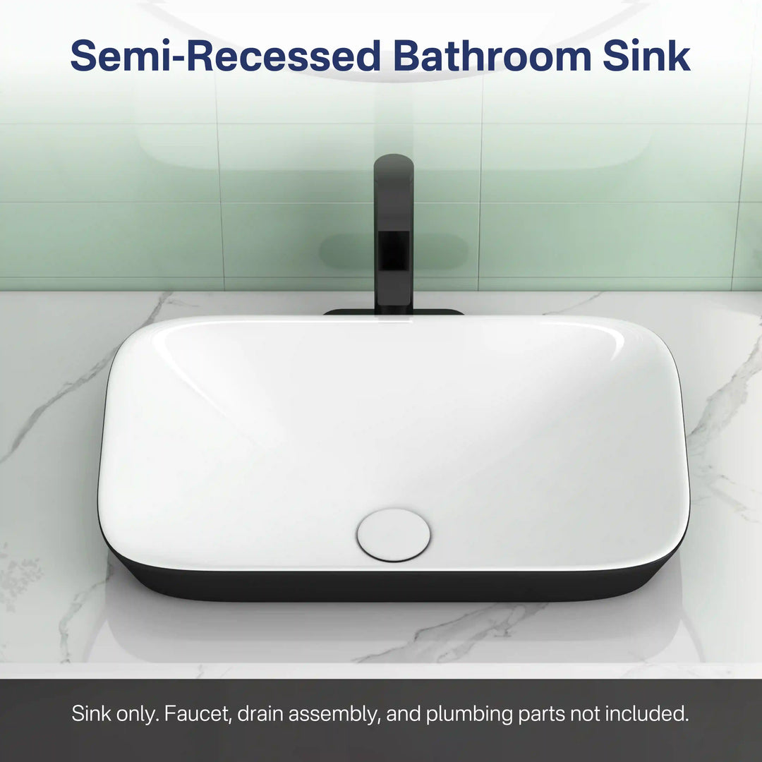 Two-tone rounded rectangular semi-recessed ceramic bathroom sink