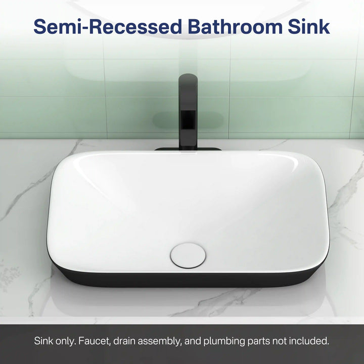 Two-tone rounded rectangular semi-recessed ceramic bathroom sink