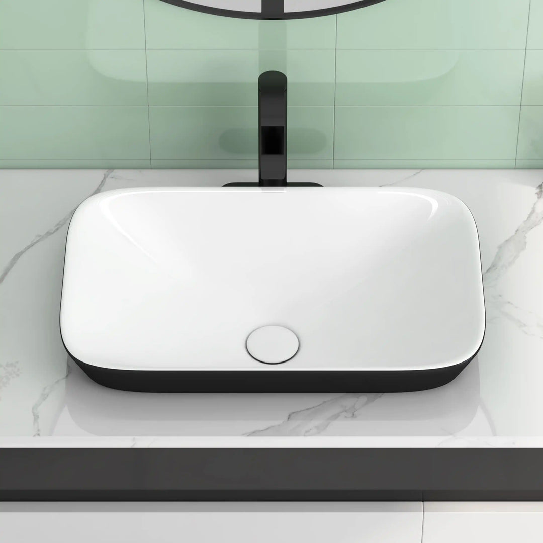 Two-tone rectangular ceramic vessel sink with matte black faucet