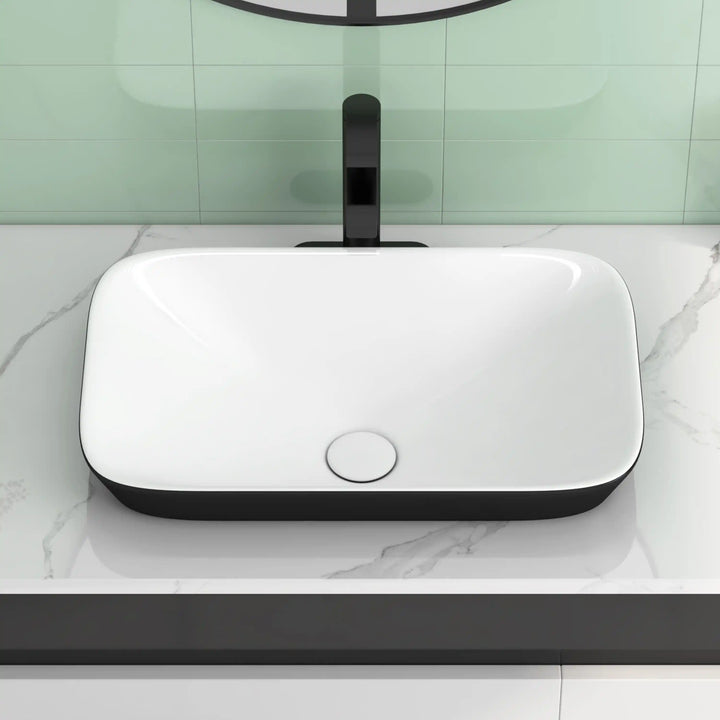 Two-tone rectangular ceramic vessel sink with matte black faucet