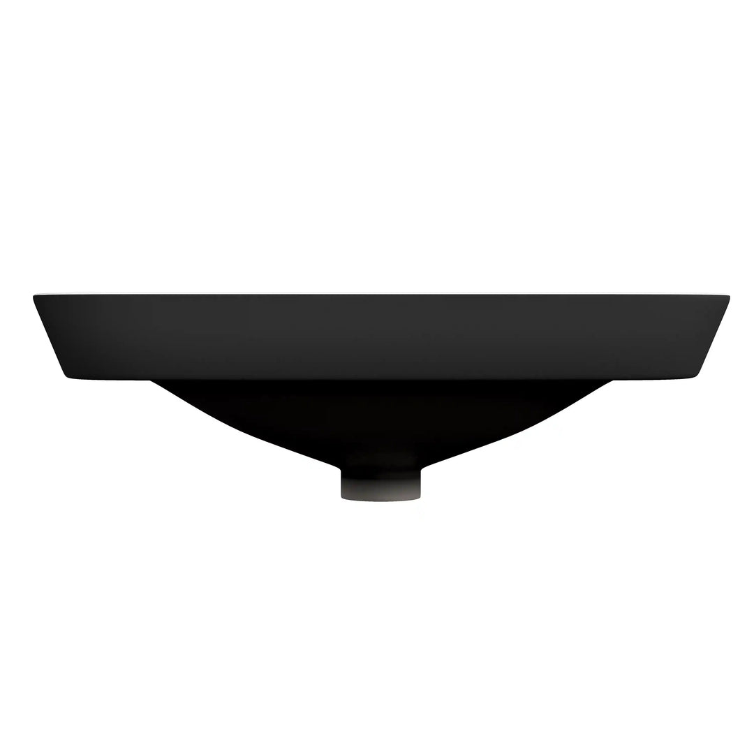 Matte black rectangular ceramic sink side bottom profile view