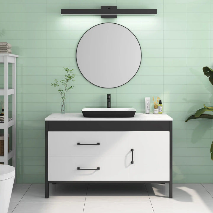Long two-tone ceramic vessel sink with vertical matte black faucet
